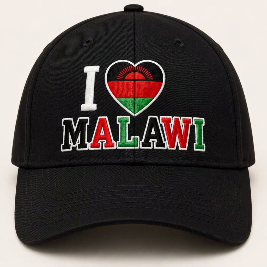 Black cap with I Love Malawi embroidery in red and green
