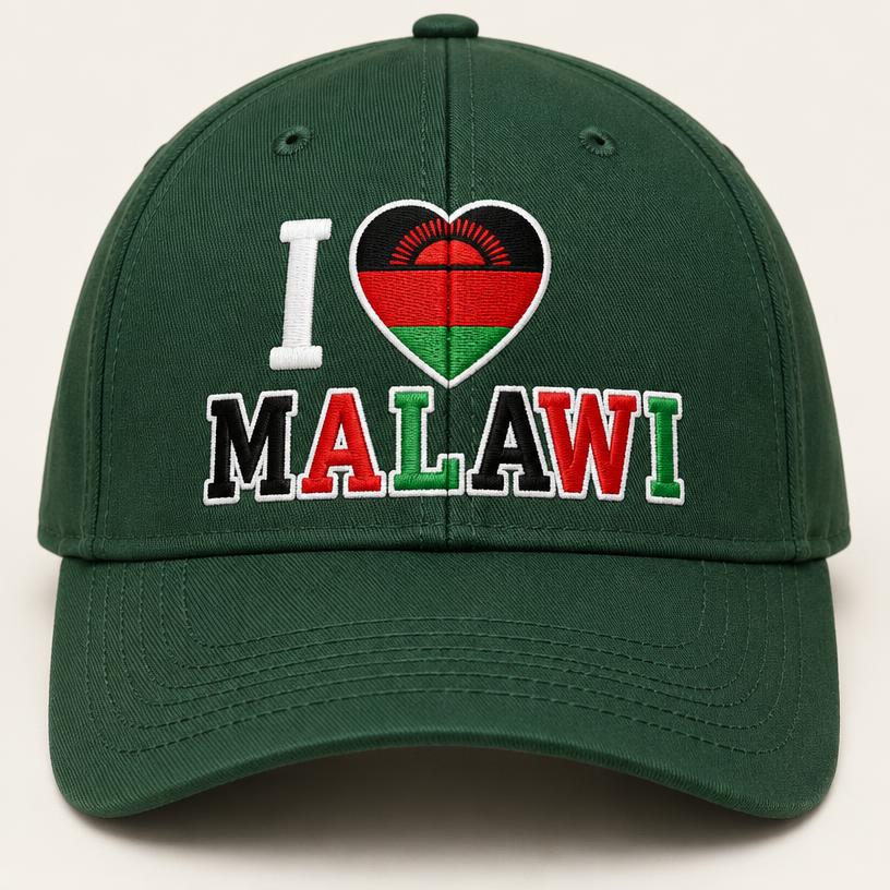 Green cap with I Love Malawi embroidery in flag colours
