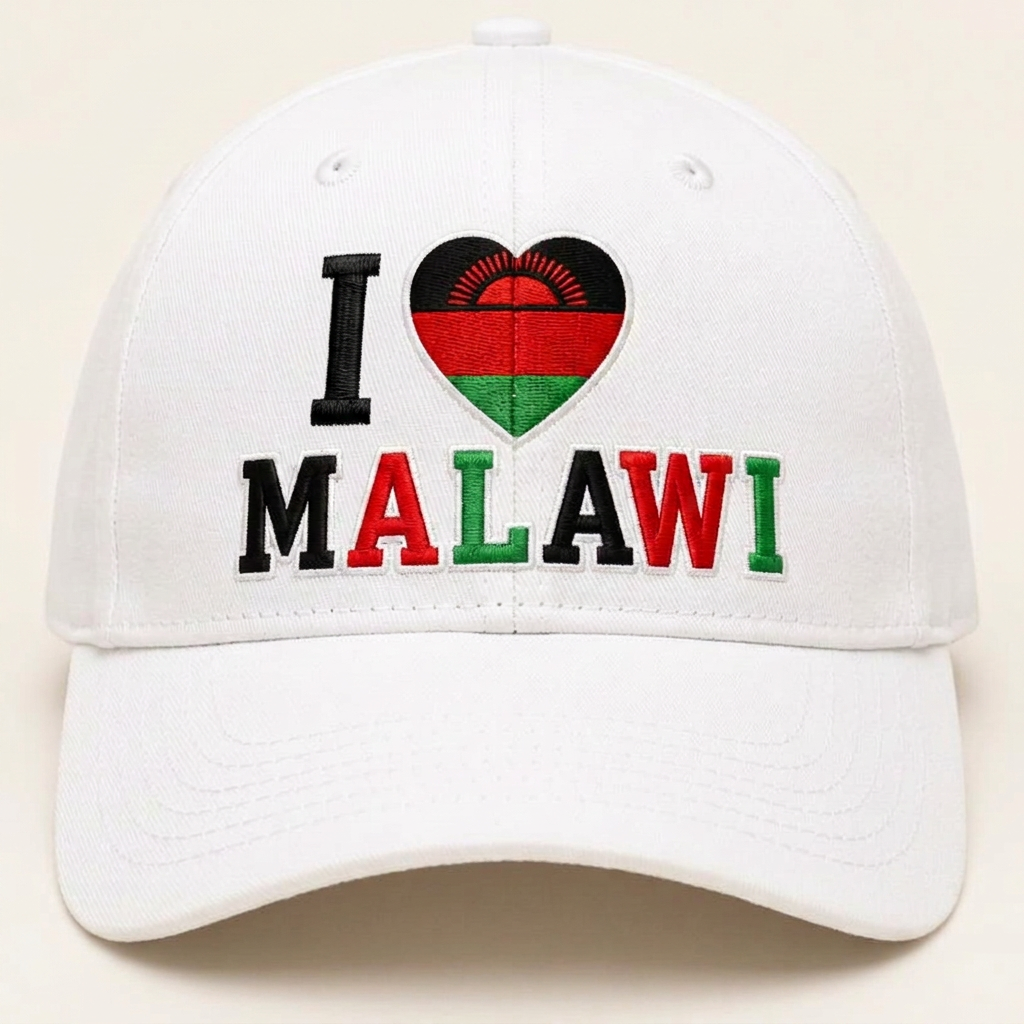 White cap with I Love Malawi embroidery in flag colours