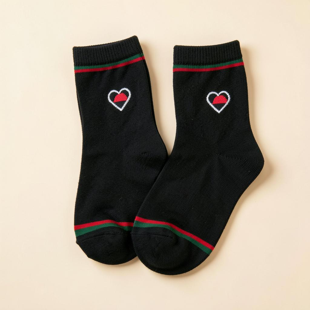 Black crew socks with Malawi flag heart and striped cuff