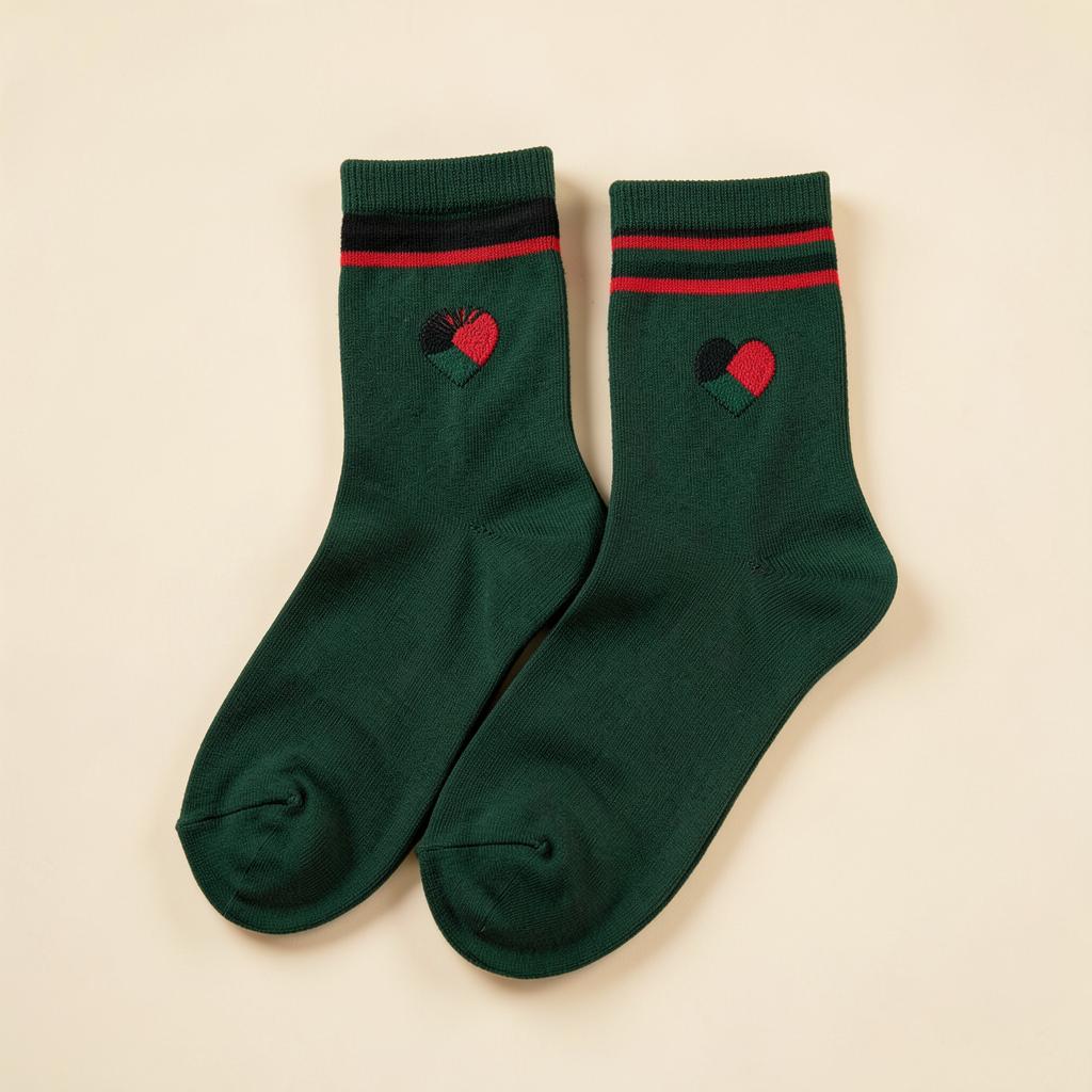 Green crew socks with Malawi flag heart and striped cuff