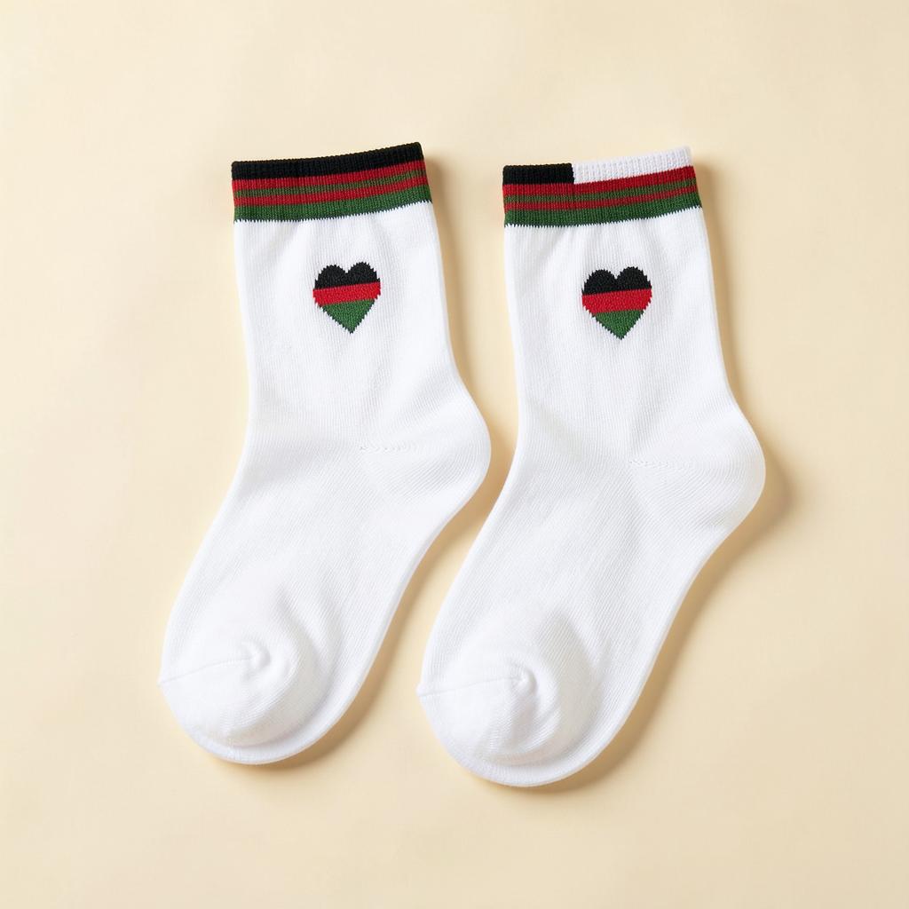White crew socks with Malawi flag heart and striped cuff