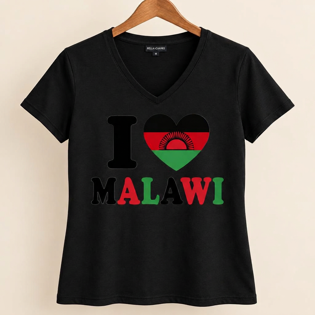Premium black V-neck T-shirt with a large I Love Malawi flag-heart print on the chest
