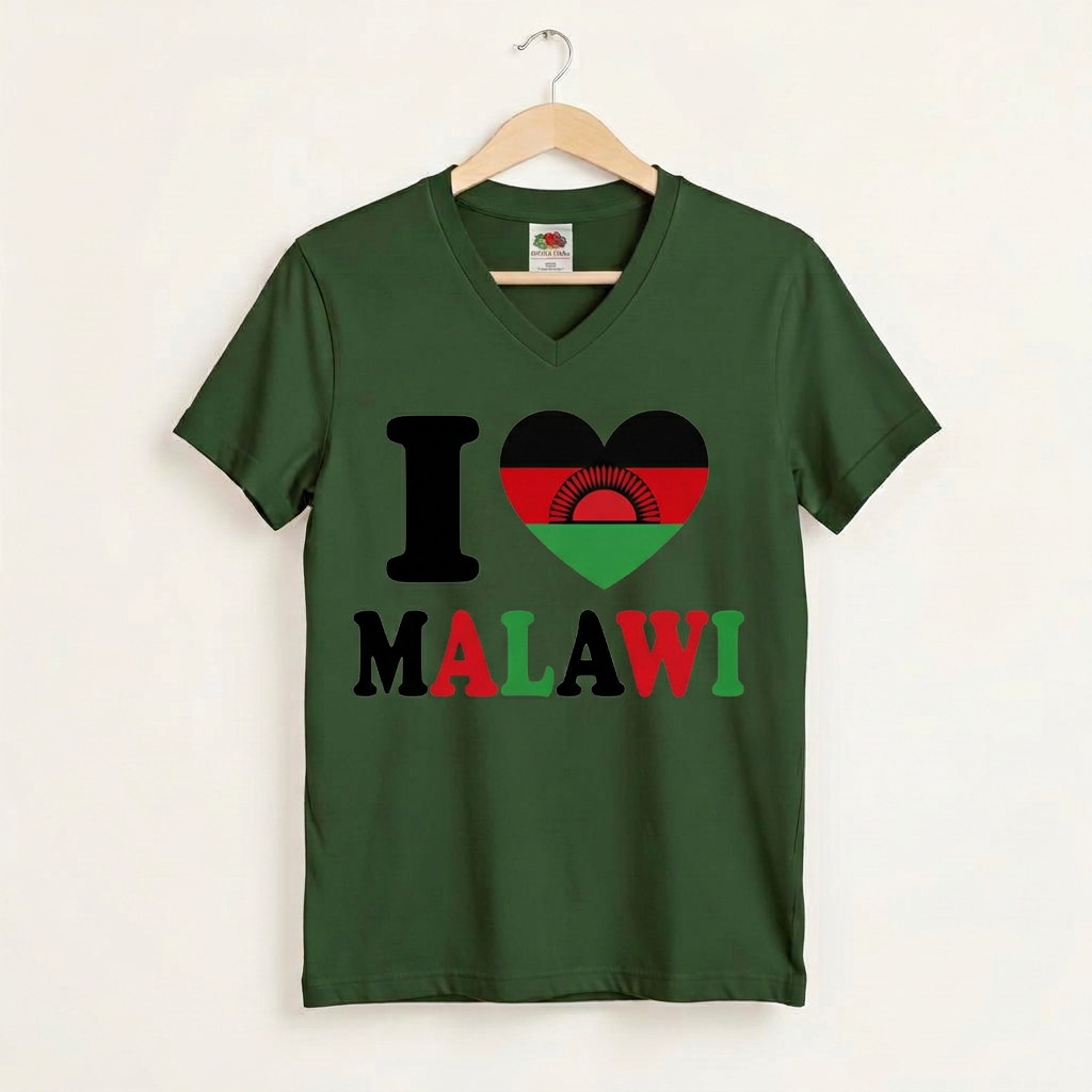 Premium green V-neck T-shirt with a large I Love Malawi flag-heart print on the chest