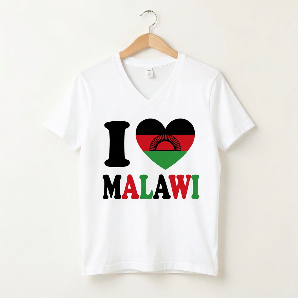 Premium white V-neck T-shirt with a large I Love Malawi flag-heart print on the chest